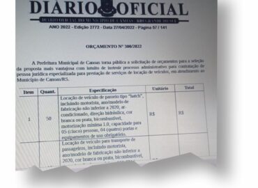 Prefeitura da Canoas faz pedido orçamento para locação de 130 veículos