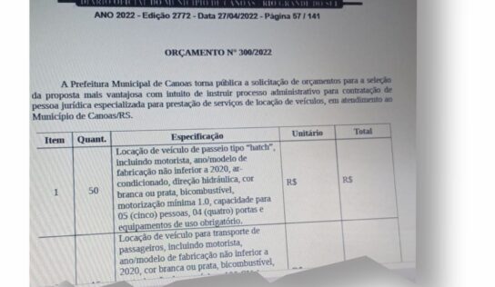 Prefeitura da Canoas faz pedido orçamento para locação de 130 veículos